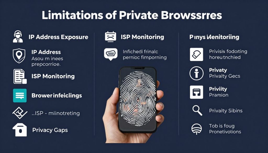 Diagram showing privacy gaps in private browsers that can be filled by additional tools