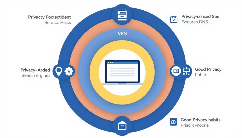 Layered privacy protection showing private browser for anonymous browsing combined with additional tools